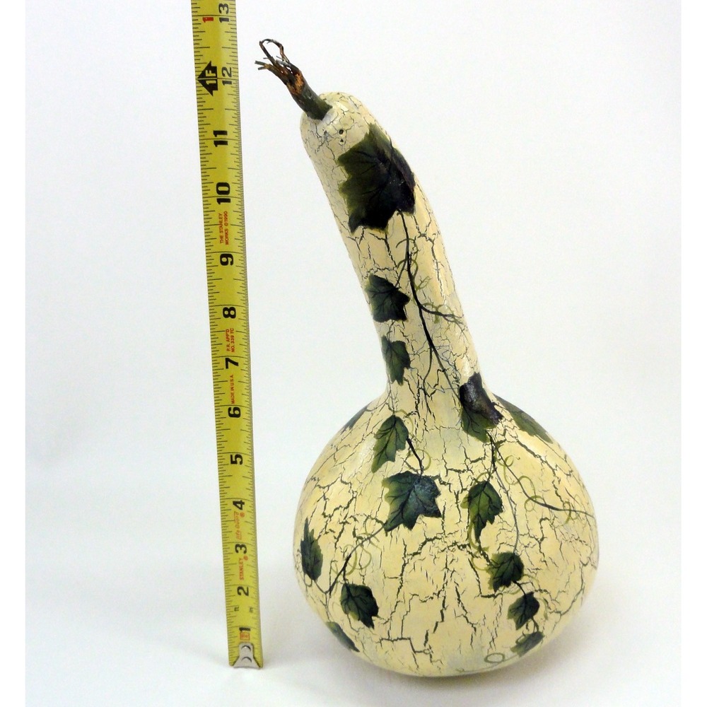 Hand Painted Dried Gourd Long Neck Crackle Finish Green Ivy Vine Decor Rattle - Picture 9 of 11